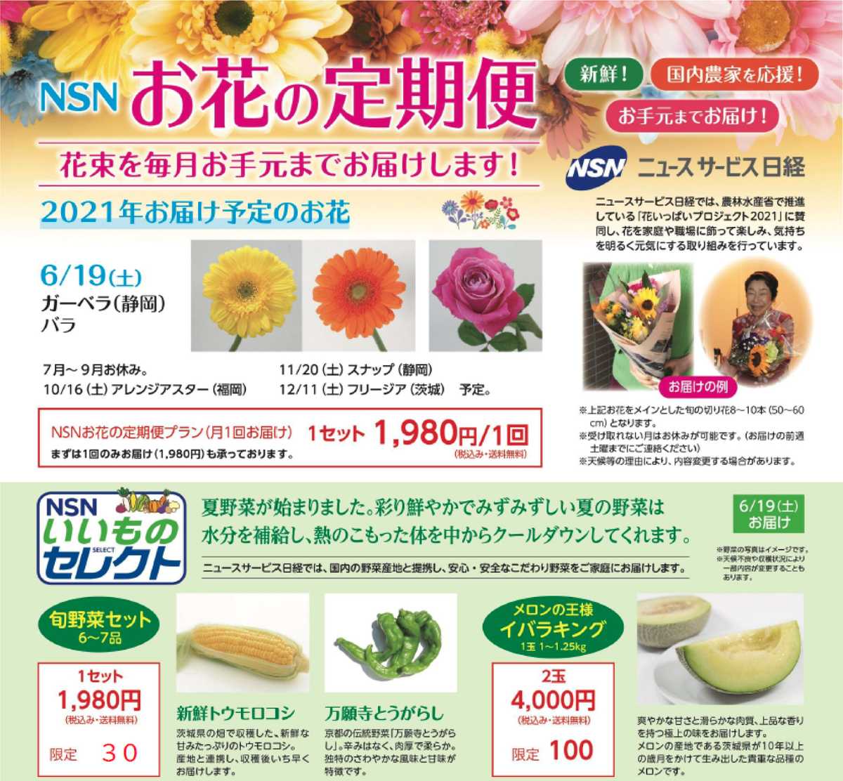 お花の定期便ー６月は ガーベラ 花言葉は 希望 さらに旬野菜セットも販売いたします ニュースサービス日経東銀座